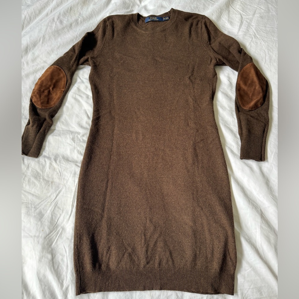 Polo brown sweater dress with brown leather elbow patches